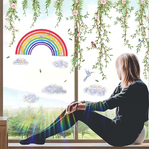Fensterbilder Vögel Blumen, Fensteraufkleber Vogelschutz, Fensterfolie Blumen, Doppelseitig Fenstersticker, Suncatcher Sticker Fensterdeko, Fensterbild Frühling Sommer Fenstertattoo Anti-Kollision von Chuainxin