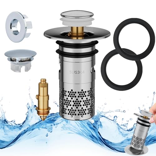 Waschbeckenstöpsel mit Sieb, Abflussstopfen Waschbecken Sieb, Abfluss Stöpsel Waschbecken, Abflusssieb Waschbecken Stopfen mit Haarsieb, Pop up Ablaufventil für 34-40mm Abflussloch, mit Überlaufring von Chuainxin