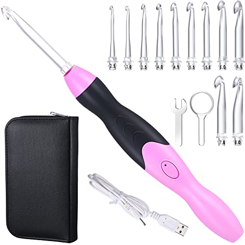 Chuangdi 11 Größen Beleuchtet Häkelnadel Set Wiederaufladbar Häkeln Haken Aufleuchten Häkelnadeln mit Hülle, Austauschbare Köpfe 2,5 mm bis 8 mm für DIY Bastelbedarf (Rosa-Schwarz) von Chuangdi