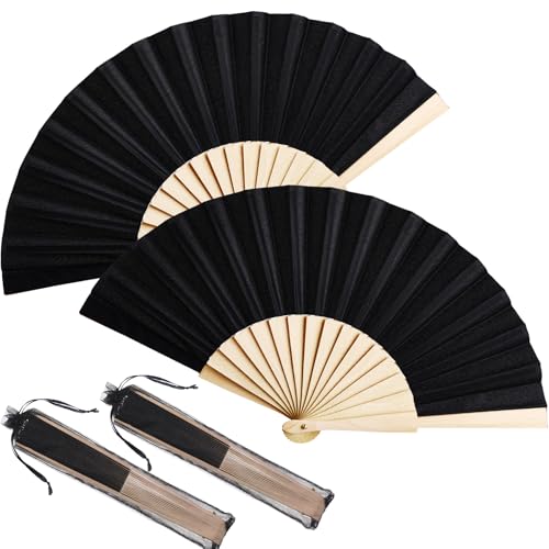 Chuangdi 2 Stücke Holz Fan Stoff Hand Falten Fans Handheld Fans Handwerk Fan Dekoration Fan Geschenk Fan mit Kordelzug Organza Taschen für Männer Damen Mädchen (Schwarz) von Chuangdi