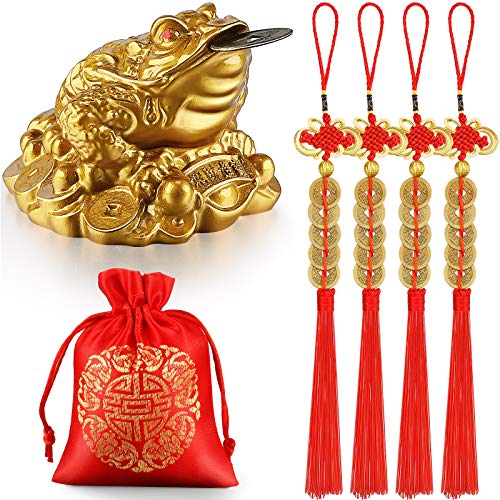 Feng Shui Geld Frosch Glück Münze Geld Kröte Dreibeinige Kröte Statue mit Münze, 4 Stücke Chinesisch Knoten Glücksmünzen Feng Shui Quaste Hängend Glücksmünze, Rot Segen Tasche zum Reichtum von Chuangdi