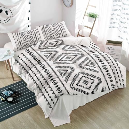 3-teiliges Queen-Bettwäsche-Set im Boho-Stil, Retro, schwarzes geometrisches Muster, weicher Bettbezug und Kissenbezüge, leichtes Bettdeckenbezug-Set mit Reißverschluss, Tribal-Streifen auf Weiß 3-teiliges Queen-Bettwäsche-Set im Boho-Stil, Retro, schwarzes geometrisches Muster, weicher Bettbezug und Kissenbezüge, leichtes Bettdeckenbezug-Set mit Reißverschluss, Tribal-Streifen auf Weiß von Chucoco