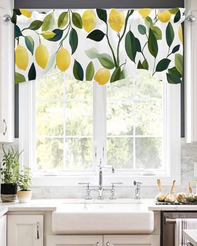 Chucoco Gebogener Volant für Fenster, gelbe Zitrone, Ombré-Grün, Blätter, Stangentasche, Küchenvolant, gewellte Vorhänge, pastorale botanische Ernte, kurzer Vorhang für Badezimmer/Schlafzimmer von Chucoco