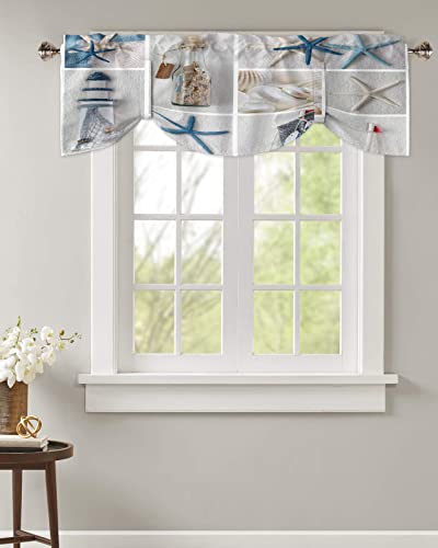 Summer Coastal Grid Tie Up Volant for Kitchen Windows, Ocean Seestern Lighthouse Tie Up Curtain Shade Volants 152.4 cmx45.7 cm Rod Pocket Short Curtains Window Treatment for Living Room Nautical Theme von Chucoco