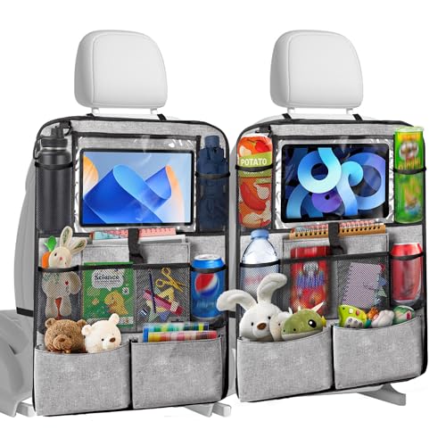 Chumix Auto Organizer Kinder, 2 Stück Rückenlehnenschutz Auto Kinder 600D Oxford Tuch, Autositz Organizer mit 10 Zoll Tablet-Tasche und 10 Taschen, Trittfest und Pflegeleicht für Autositze, Grau von Chumix