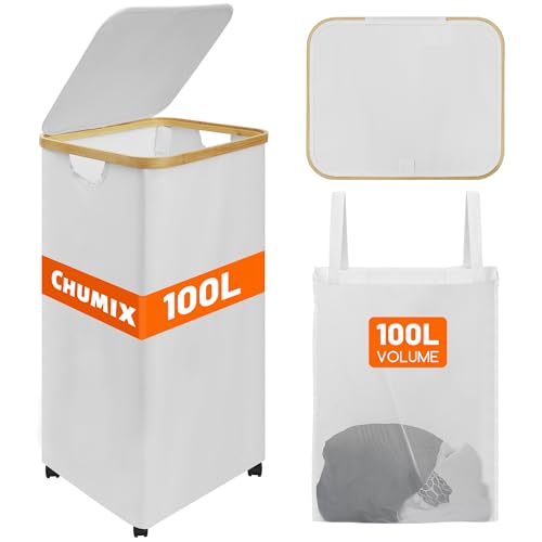 Chumix Wäschekorb mit Deckel, 100L Wäschesammler Faltbare mit Rollen, Wäschekorb Schmal mit Bambus Griffen, Removable und Waschbarer Innentasche, für Schlafzimmer, Badezimmer, Waschküche (Cremefarben) Chumix Wäschekorb mit Deckel, 100L Wäschesammler Faltbare mit Rollen, Wäschekorb Schmal mit Bambus Griffen, Removable und Waschbarer Innentasche, für Schlafzimmer, Badezimmer, Waschküche (Cremefarben) von Chumix