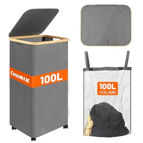 Chumix Wäschekorb mit Deckel, 100L Wäschesammler Faltbare mit Rollen, Wäschekorb Schmal mit Bambus Griffen, Removeable und Waschbarer Innentasche, für Schlafzimmer, Badezimmer, Waschküche (Grau) von Chumix
