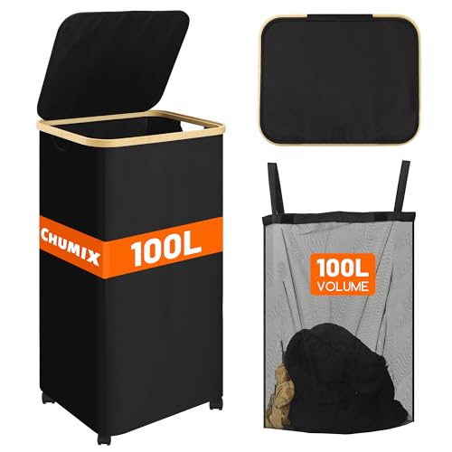 Chumix Wäschekorb mit Deckel, 100L Wäschesammler Faltbare mit Rollen, Wäschekorb Schmal mit Bambus Griffen, Removeable und Waschbarer Innentasche, für Schlafzimmer, Badezimmer, Waschküche (Schwarz) Chumix Wäschekorb mit Deckel, 100L Wäschesammler Faltbare mit Rollen, Wäschekorb Schmal mit Bambus Griffen, Removeable und Waschbarer Innentasche, für Schlafzimmer, Badezimmer, Waschküche (Schwarz) von Chumix