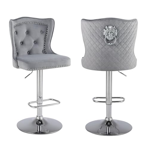 Chummaven Samt Barhocker 2er Set Moderne Tresenhocker mit Hohem Flügelrücken Gepolsterte Barstühle mit Löwenring-Zuggriff Höhenverstellbare Barstühle für Hausbar, Grau von Chummaven