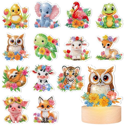 Chunful 13-teiliges austauschbares Diamant-Kunst-Set mit Aquarell-Blume, Tier, Urlaubs-Diamant-Kunst-Malerei-Set mit Holz-Lichtsockel für Tisch, abgestuftes Tablett, Heimbüro, Tischdekoration von Chunful