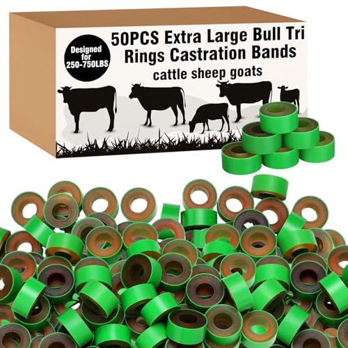 Chunful Bull Tri-Ringe für Rinder, Schafe, Ziegen, große Nutztiere, Kastrationswerkzeug für Ranchfeld, robuste Tierverwaltung, verwendet mit extra großer Expanderzange, 50 Stück von Chunful