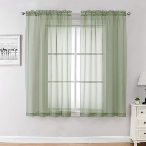 Chyhomenyc Durchsichtige Vorhänge, 114 cm lang, 2 Paneele, Kurze Voile-Vorhänge für Esszimmer, kleine Fenster, Badezimmer, Wohnzimmer, Schlafzimmer, 106 x 114 cm (B x L), Salbeigrün von Chyhomenyc