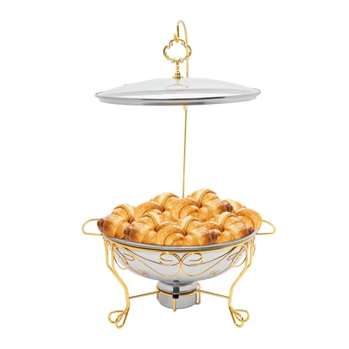 6L Runder Chafing Dish Standfuß Edelstahl Speisenwärmer Warmhaltebehälter Chafing Dish Set mit Deckel und Anti-Griff, Heizung der Alkohollampe, für Buffets, Partys, Restaurants (Gold) von Chynalys