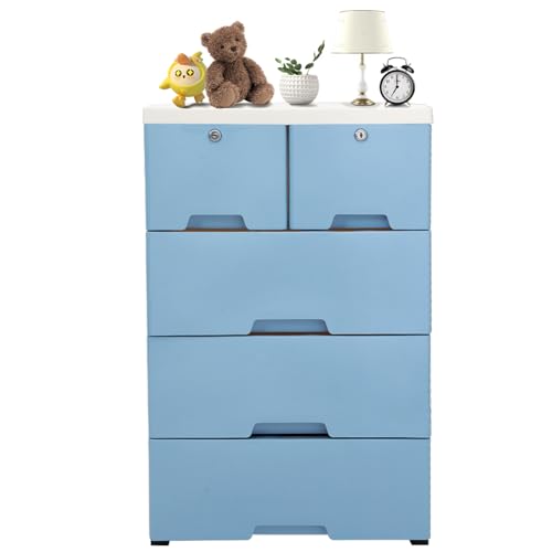 Chynalys 6-Schublade Kunststoff Kommode aus Kunststoff Aufbewahrungsschrank, 5 Stufen Freistehende Schrank Organizer Einheit, Aufbewahrungsschrank Boden Schrank Kommode Organizer mit Schloss (blau) von Chynalys