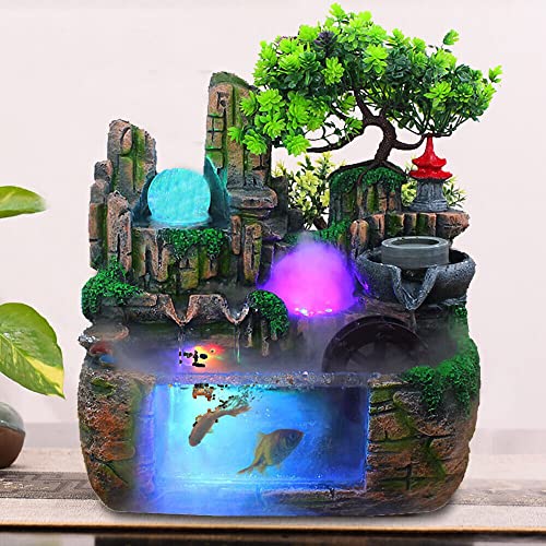 Desktop Brunnen mit LED Licht und Zerstäuber, Zimmerbrunnen mit Beleuchtung&LED Kristallkugel Tischbrunnen mit Deko-Steingarten Fengshui Desktop Springbrunnen Wasserspiel Decoration (A) von Chynalys