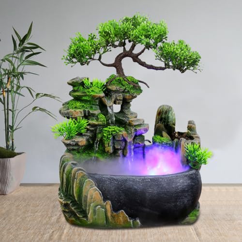 Zimmerbrunnen mit LED Wohnzimmer Wasserfall Tischbrunnen, Steingarten Wasserbrunnen Schreibtisch Chinesisch Fengshui Wasserfall Tischplatte Bonsai Ornament Grünpflanzen Zimmerbrunnen(D) von Chynalys