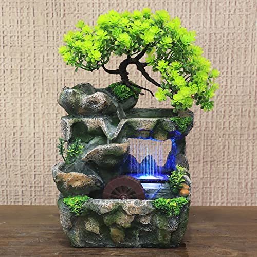Zimmerspringbrunnen mit Pflanzen, Zimmerbrunnen Wasserfall Tischbrunnen Dekoration, Indoor brunnen Wasserspiel mit Farbwechsel LED Beleuchtung Zen Meditation Wasserfall mit Feng Shui Rad (B) von Chynalys