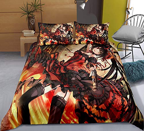 Dreiteilige Bettbezug for DATE LIVE-Tokisaki Kurumi Albtraum-Serie 1080, 3D-Anime Quilt Pillowcase, 100% Polyester, weich und bequem, Bettwäsche for Otaku und Anime Fans, bestes Geburtstag-Geschenk von Chzhcc