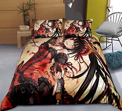 Dreiteilige Bettbezug for DATE LIVE-Tokisaki Kurumi Albtraum-Serie 1085, 3D-Anime Quilt Pillowcase, 100% Polyester, weich und bequem, Bettwäsche for Otaku und Anime Fans, bestes Geburtstag-Geschenk von Chzhcc