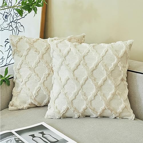 Ci & Ci 2er Set Boho Deko Kissenbezug 40x40 cm, Beige Kissen Sofakissen Dekokissen Zierkissen, Flauschig Kissenbezüge Kissenhülle für Sofa Couch von Ci & Ci