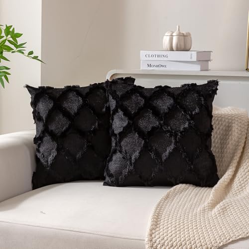 Ci & Ci 2er Set Boho Deko Kissenbezug 40x40 cm, Schwarz Kissen Sofakissen Dekokissen Zierkissen, Flauschig Kissenbezüge Kissenhülle für Sofa Couch von Ci & Ci