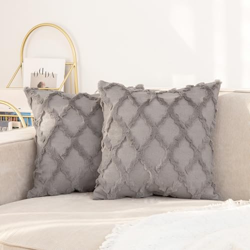 Ci & Ci 2er Set Boho Deko Kissenbezug 50x50 cm, Grau Kissen Sofakissen Dekokissen Zierkissen, Flauschig Kissenbezüge Kissenhülle für Sofa Couch von Ci & Ci