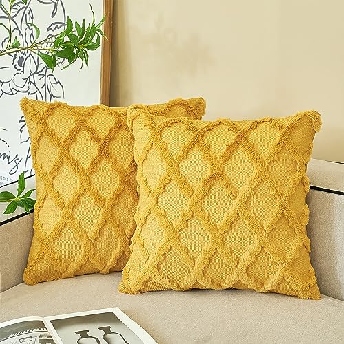 Ci & Ci 2er Set Boho Deko Kissenbezug 50x50 cm, Senfgelb Kissen Sofakissen Dekokissen Zierkissen, Flauschig Kissenbezüge Kissenhülle für Sofa Couch von Ci & Ci