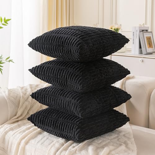 Ci & Ci 4er Set Deko Kissenbezug 45x45 cm, Schwarz Kordsamt Kissen Sofakissen Dekokissen Zierkissen, Flauschig Kissenbezüge Kissenhülle für Sofa Couch von Ci & Ci