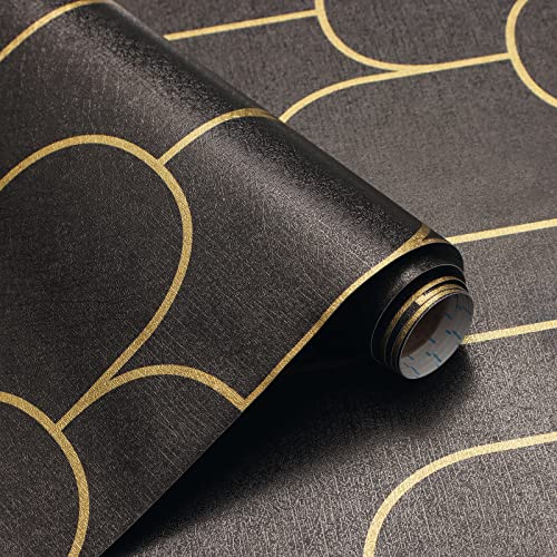 CiCiwind 44×600cm Selbstklebende Tapete Geometrische Klebefolie Schwarz Gold Tapete Selbstklebend Möbelfolie Wasserfest Wandverkleidung Wohnzimmer Schlafzimmer Wand Möbel Vinyl Dekofolie von CiCiwind