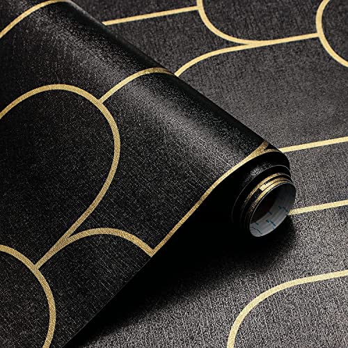 CiCiwind Klebefolie Geometrische Muster Schwarz Gold Tapete Selbstklebende Tapete 44×300cm Abnehmbare Tapete Wasserdicht Vinyl Wandverkleidung für Wohnzimmer Schlafzimmer Deko von CiCiwind
