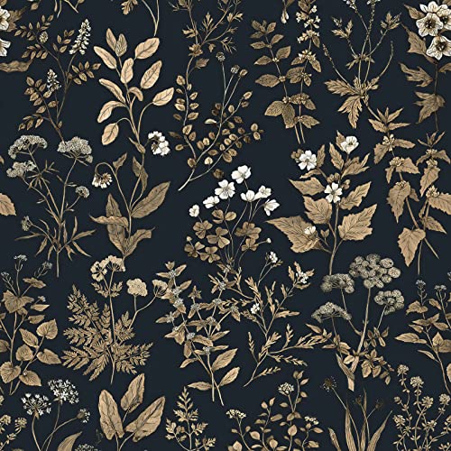 CiCiwind Selbstklebende Tapete Blumen 41x600cm Schwarz Gold Tapete Vintage Blume Blatt Tapete Selbstklebend Wandverkleidung Selbstklebend Möbelfolie Vinyl Klebefolie für Wand Möbel Regal Liner Dekor von CiCiwind