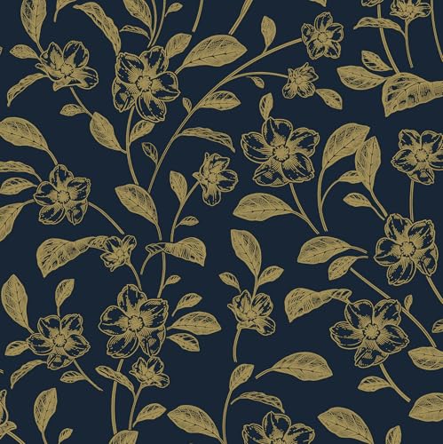 CiCiwind Selbstklebende Tapete Blumen 44×300cm Gold und Blau Tapeten Wasserfest Klebefolie Wandverkleidung Selbstklebend Möbel Klebefolie Tür Küche Schrank Folien zum Aufkleben von CiCiwind