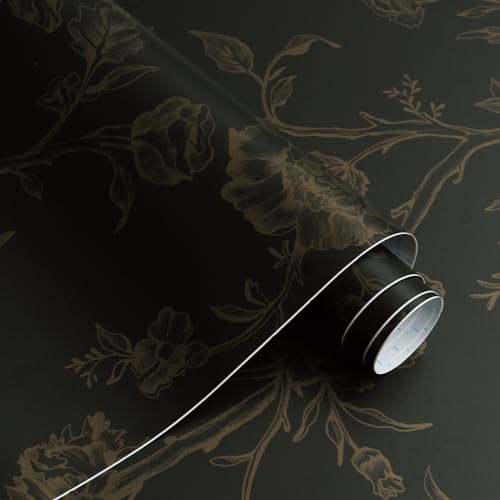 CiCiwind Selbstklebende Tapete Blumen 44×300cm Schwarz und Gold Tapete Blume Vogel Möbelfolie Selbstklebend Wasserdicht Klebefolie für Wand Möbel Dekor von CiCiwind