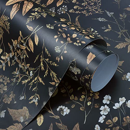 CiCiwind Selbstklebende Tapete Blumen Vintage Schwarz Gold Tapete 41CM×12M Selbstklebende Möbelfolie Vinyl Klebefolie Abnehmbar Wandverkleidung Selbstklebend für Wohnzimmer Schlafzimmer Dekor von CiCiwind