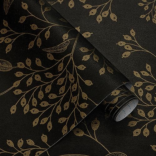 CiCiwind Selbstklebende Tapete Schwarz Gold Wallpaper Blatt 44×300cm Wandverkleidung Selbstklebend Abnehmbar Vinyl Möbelfolie Selbstklebend für Wohnzimmer Schlafzimmer Wand Schränke Dekor von CiCiwind