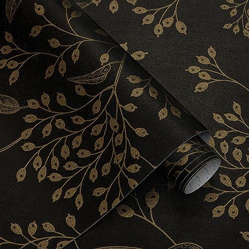 CiCiwind Selbstklebende Tapete Schwarz Gold Wallpaper Blatt Abnehmbar Vinyl Möbelfolie Selbstklebend 44×500cm Wandverkleidung Selbstklebend für Wohnzimmer Schlafzimmer Wand Schränke Dekor von CiCiwind