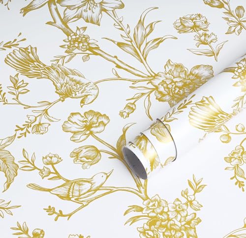 CiCiwind Selbstklebende Tapete Weiß Gold Blumen Tapete 44×300CM Wasserdicht Blume Vogel Vinyl Klebefolie Verdickt Wohnzimmer Schlafzimmer Wand Schrank Möbelfolie Selbstklebend von CiCiwind