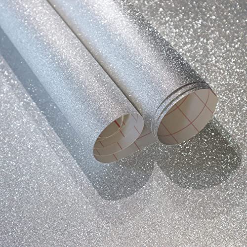 CiCiwind Silber Glitter Tapete 44×300CM Selbstklebende Tapete Abziehbar Selbstklebende Wandverkleidung Vinyl Möbelfolie Selbstklebend Wasserdicht Klebefolie für Schrank Möbel Arbeitsplatte DIY Dekor von CiCiwind