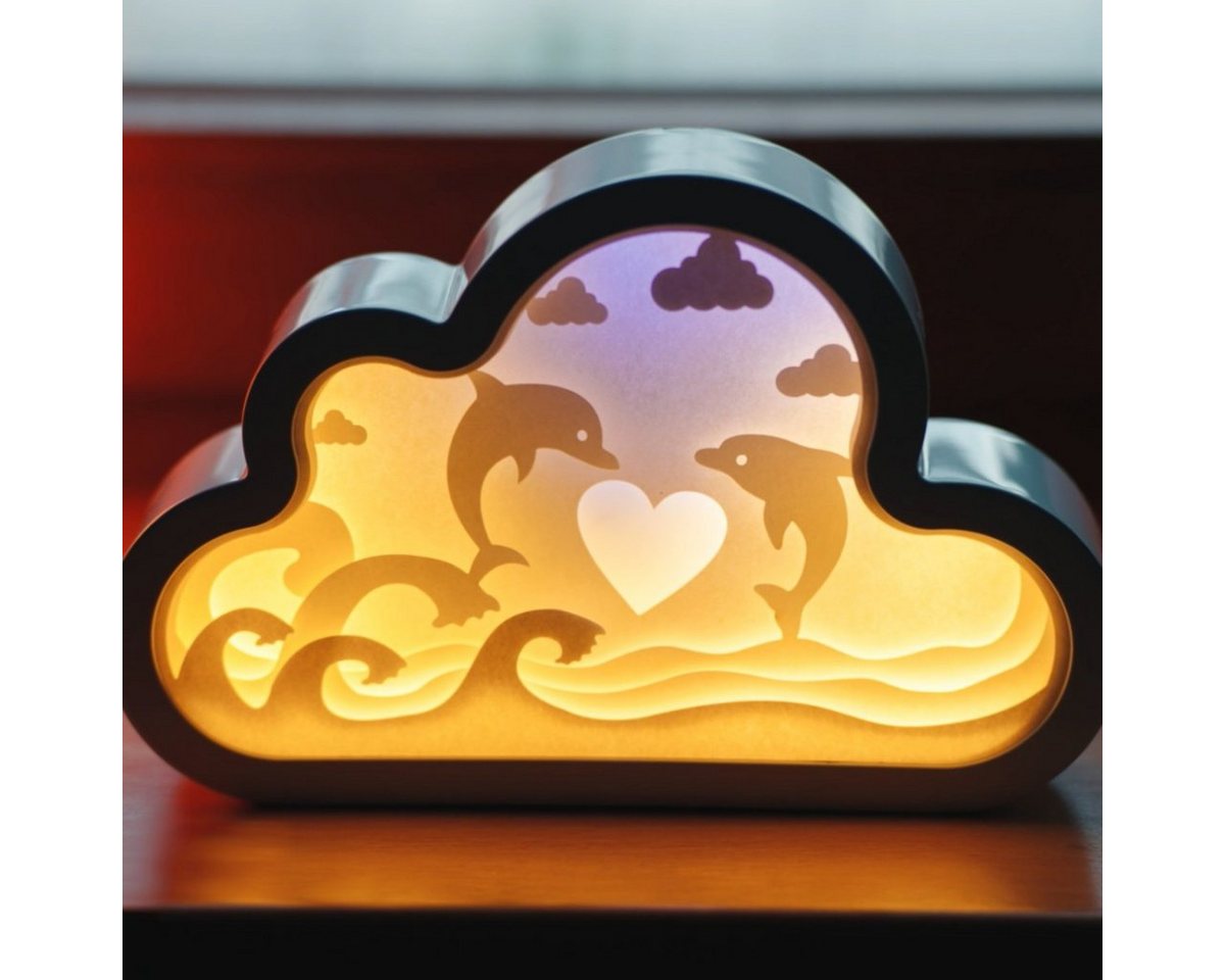 CiM LED Lichtbox 3D Papercut CLOUD - Dolphins, LED fest integriert, Warmweiß, 20x4x13cm, Shadowbox, Wohnaccessoire, Nachtlicht, kabellose Dekoration von CiM