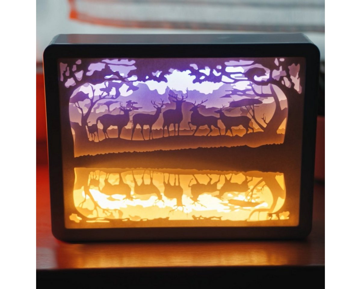 CiM LED Lichtbox 3D Papercut RECTANGLE - Deer, LED fest integriert, Warmweiß, 21x5x16cm, Shadowbox, Wohnaccessoire, Nachtlicht, kabellose Dekoration von CiM