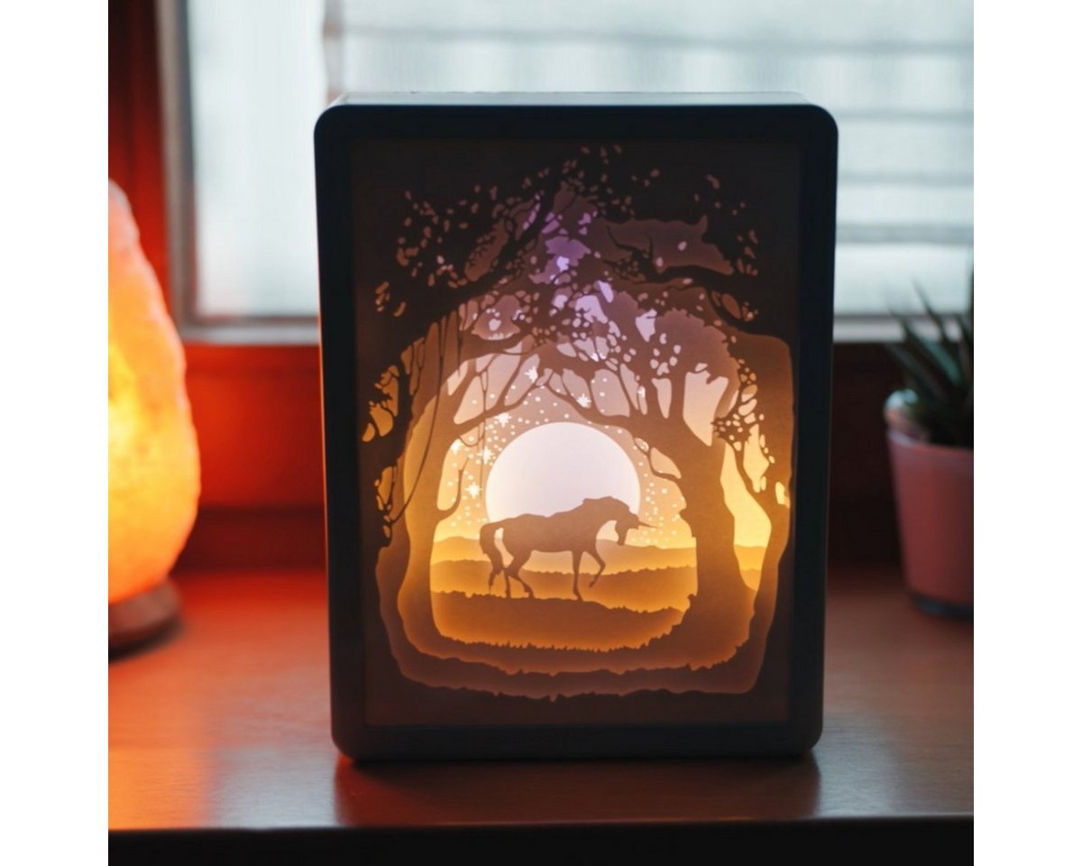 CiM LED Lichtbox 3D Papercut RECTANGLE - Unicorn, LED fest integriert, Warmweiß, 16x5x21cm, Shadowbox, Wohnaccessoire, Nachtlicht, kabellose Dekoration von CiM