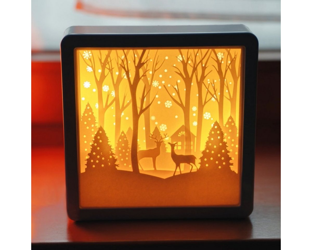 CiM LED Lichtbox 3D Papercut SQUARE- Snowy Woodland, LED fest integriert, Warmweiß, 16x5x16cm, Shadowbox, Wohnaccessoire, Nachtlicht, kabellose Dekoration von CiM