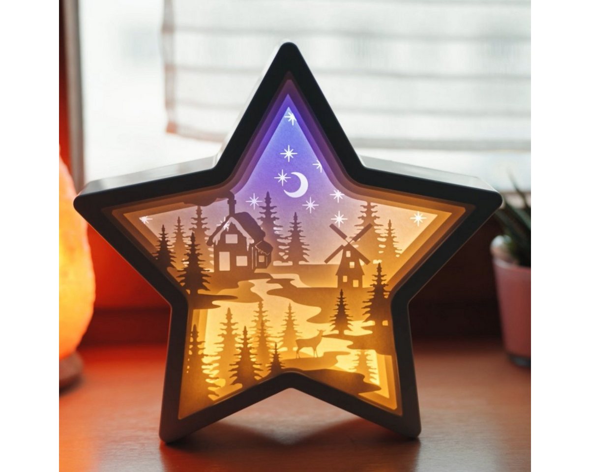 CiM LED Lichtbox 3D Papercut STAR - Winter Wonderland, LED fest integriert, Warmweiß, 15x6x23cm, Shadowbox, Wohnaccessoire, Nachtlicht, kabellose Dekoration von CiM