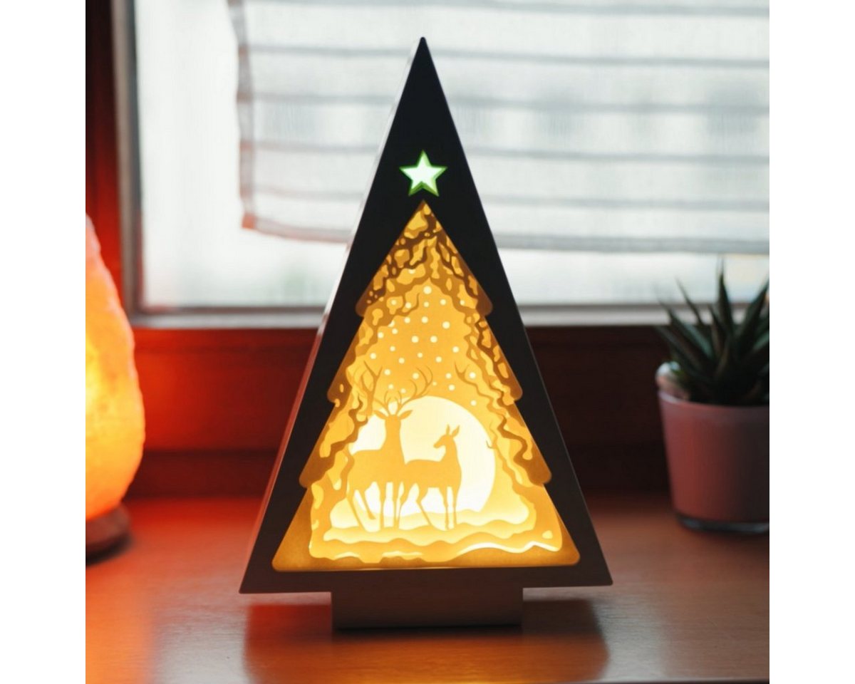 CiM LED Lichtbox 3D Papercut TREE - Deer Couple, LED fest integriert, Warmweiß, 17x6x26cm, Shadowbox, Wohnaccessoire, Nachtlicht, kabellose Dekoration von CiM