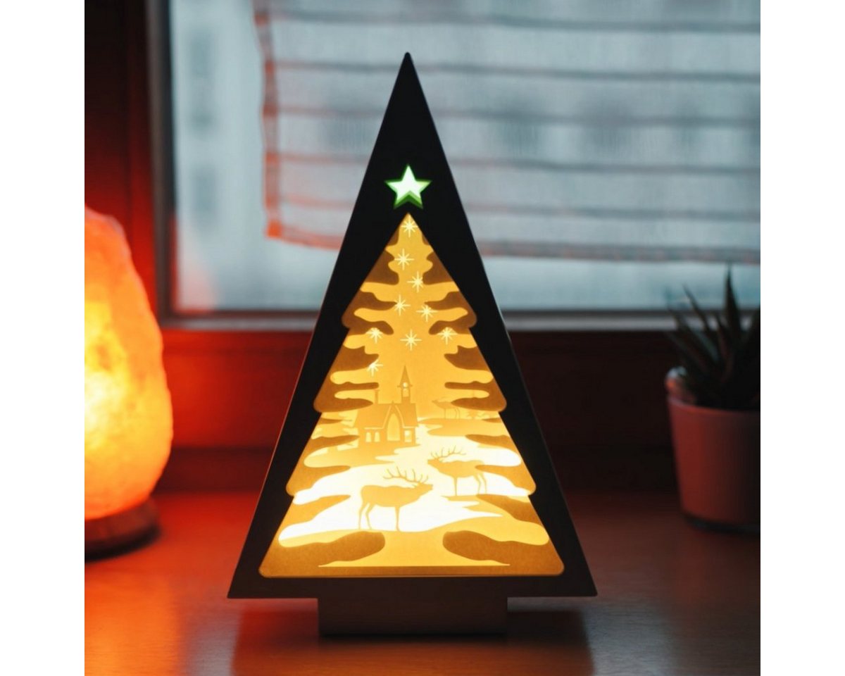 CiM LED Lichtbox 3D Papercut TREE - Frosty Landscape, LED fest integriert, Warmweiß, 17x6x26cm, Shadowbox, Wohnaccessoire, Nachtlicht, kabellose Dekoration von CiM