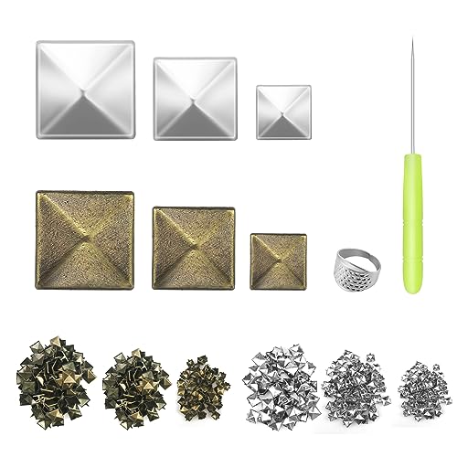 600Stk Pyramidennieten, Pyramiden Nieten, Quadratische Nieten, Ziernieten Quadratisch, 8/12/15mm, mit Fingerhut und Bohrkegel für Kleidung Schuhe DIY Projekte（Bronze+Silber） von CiShow