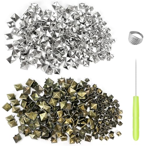 600Stk Pyramidennieten, Pyramiden Nieten, Quadratische Nieten, Ziernieten Quadratisch, 8/12/15mm, mit Fingerhut und Bohrkegel für Kleidung Schuhe DIY Projekte（Bronze+Silber） von CiShow