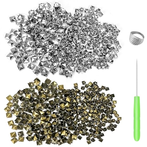 CiShow 800Stk Pyramidennieten, Pyramiden Nieten, Quadratische Nieten, Ziernieten Quadratisch, 7/10mm, mit Fingerhut und Bohrkegel für Kleidung Schuhe DIY Projekte（Bronze+Silber） von CiShow