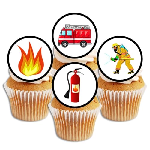 48 Fire Engine, Fireman, Feuerwehrauto, Feuerwehrauto, Essbare PREMIUM Dicke GEZUCKERTE Vanille, Reispapier Mini Cupcake Toppers, Cake Pops, Cookies für Wafer von Cian's Cupcake Toppers Ltd