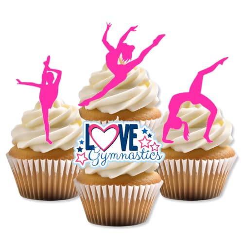 Pink Rosa Gymnastics Gymnastik Silhouette Edible Cupcake Toppers - Stand Up Wafer Cake Decorations (Packung mit 24) von Cian's Cupcake Toppers Ltd